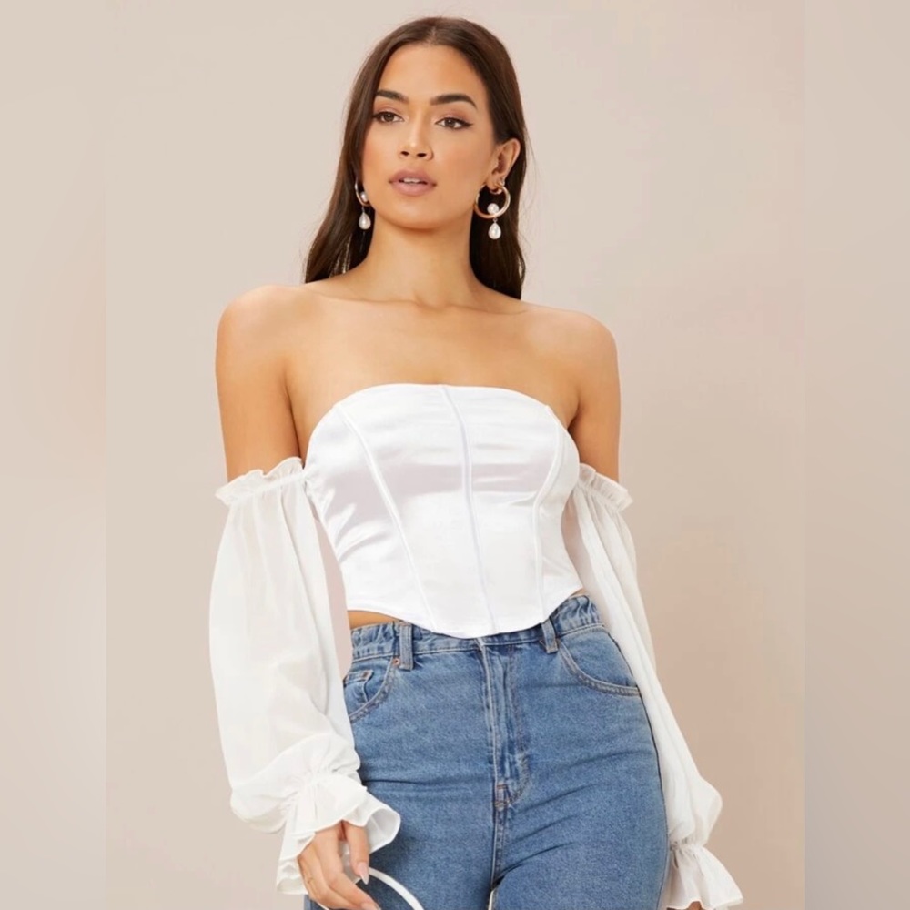 SHEIN Solid Frill Trim Off Shoulder Zipper Back Top